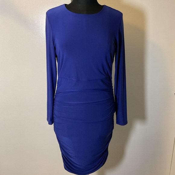 19. Spence Blue Ruched Long Sleeve Sheath Midi Dress Size Medium - Picture 1 of 6